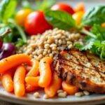 Fargerik tallerken med grønnsaker og magert protein.