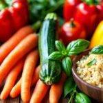 Fargerike lav-FODMAP matvarer på et trebord.