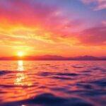Fargerik solnedgang over havet med bølger.