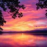 Vibrant solnedgang over en rolig innsjø.