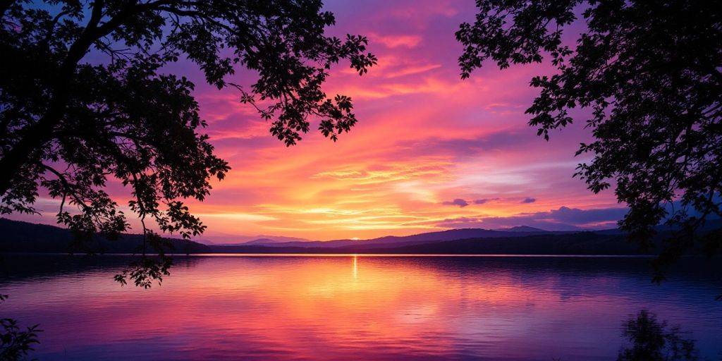 Vibrant solnedgang over en rolig innsjø.