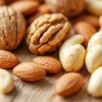 Nærbilde av forskjellige nøtter på treoverflate.