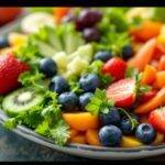 Fargerik tallerken med frukt og grønnsaker.