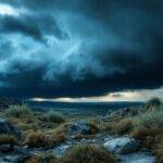 Dramatisk landskap med stormfull himmel og røffe fjell.