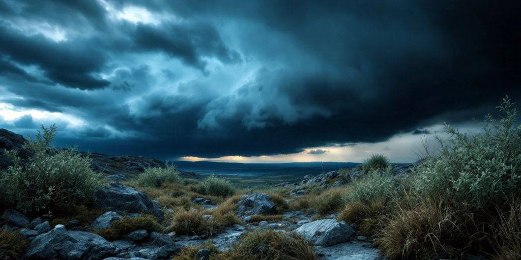 Dramatisk landskap med stormfull himmel og røffe fjell.