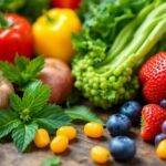 Fargerik samling av frukt og grønnsaker på bord.