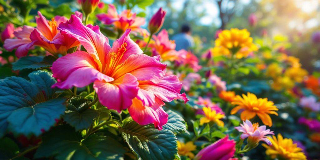 Fargerik flora med livlige blomster og frodig grønt.