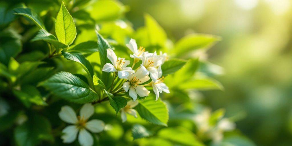 Nærbilde av akapni-plante med grønne blader og blomster.