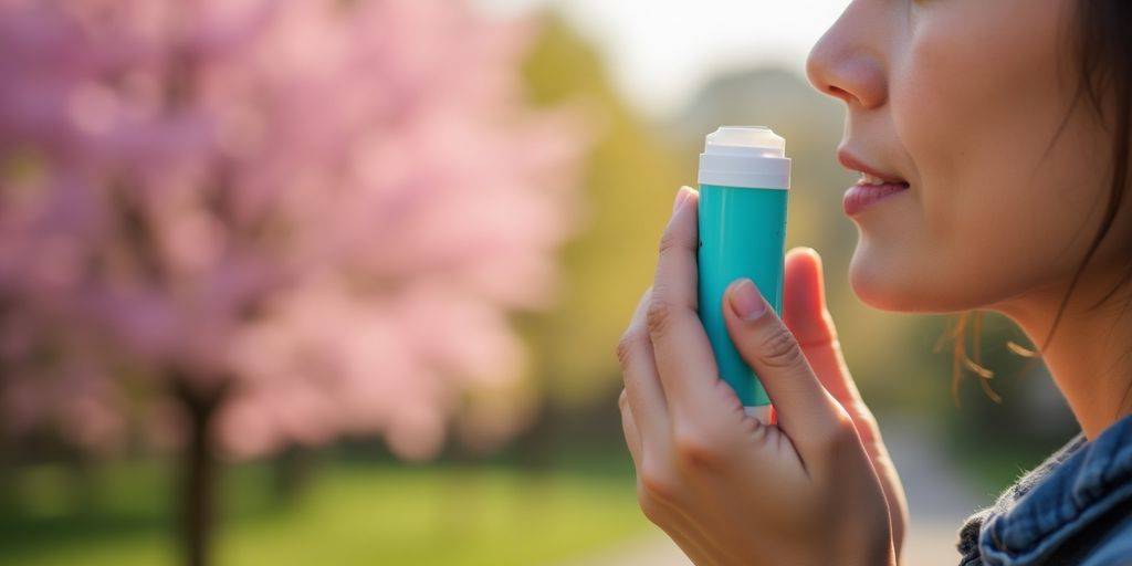 Person som holder inhalator i blomstermiljø.