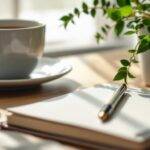 Bilde av en arbeidsplass med notatbok og kaffe.