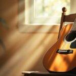 Akustisk gitar mot stol i naturlig lys.