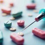 Antivirale piller og sprøyter på en klinisk bakgrunn.