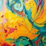 Fargerik abstrakt maleri med virvlende mønstre.