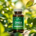 DHEA kosttilskudd med grønne blader i bakgrunnen.
