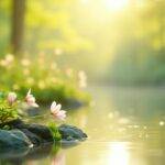 Beroligende landskap med grønne planter og blomster.