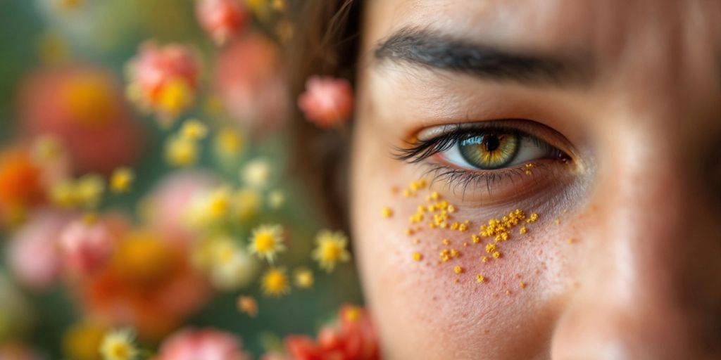 Rødt, kløende øye med pollen i bakgrunnen.