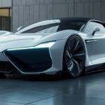 Futuristisk bil i en moderne byklima.