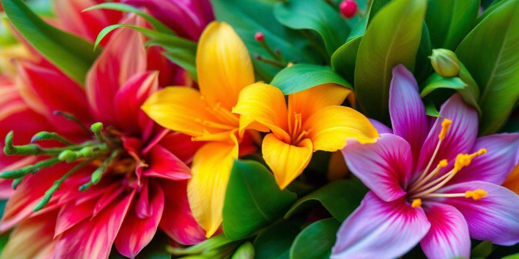 Fargerik blomsteroppsats med frodig grønn bakgrunn.